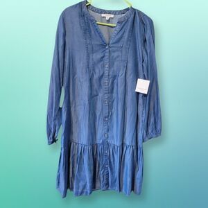 beachlunchlounge Blue Button-Front Tiered Long-Sleeve Dress